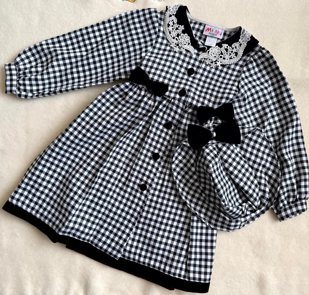 Vintage 90s MiMi Fashion Dress & Hat Set Girl 4T Gingham Check Lace Collar Bow